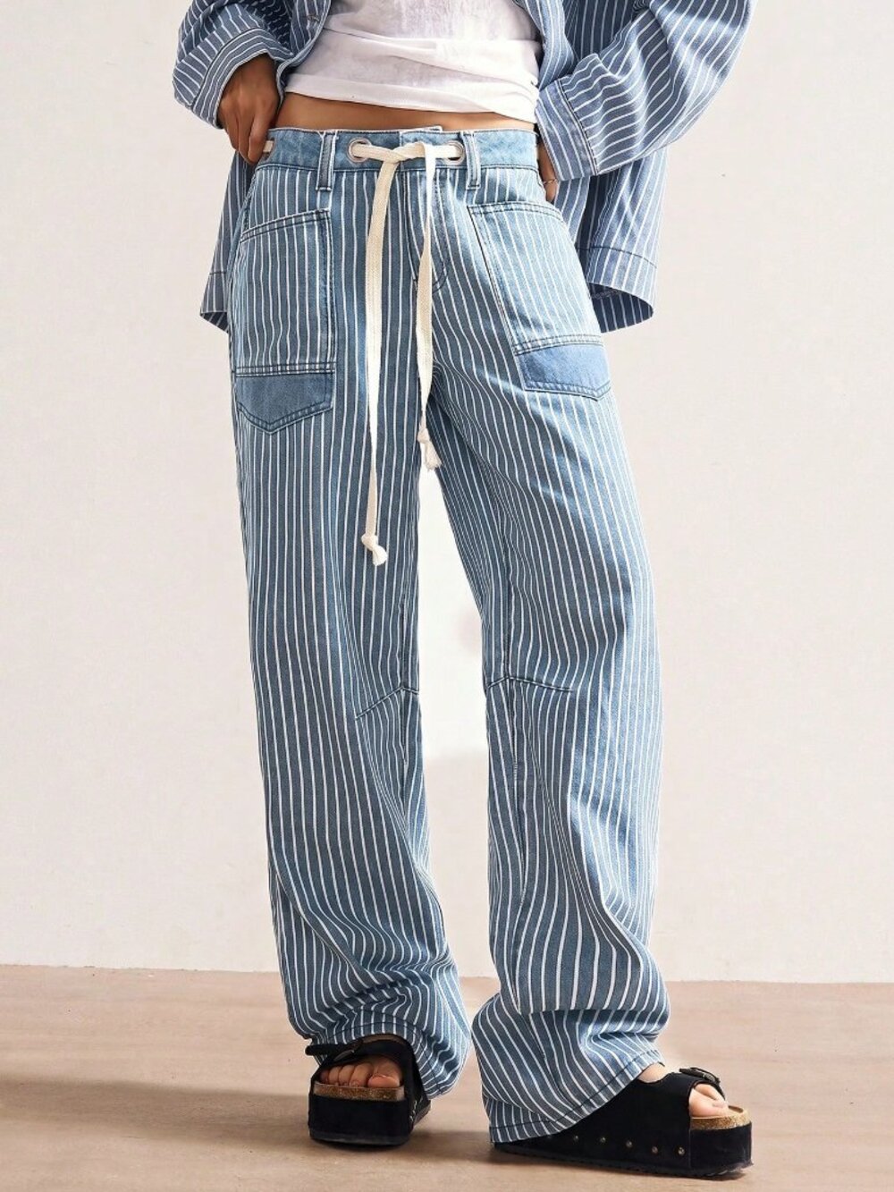 Baby Blue Casual Women's Boho Vacation Woven Denim Striped Loose Pants